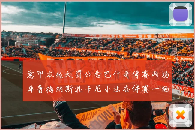 意甲本轮处罚公告巴什奇停赛两场库普梅纳斯扎卡尼小法各停赛一场
